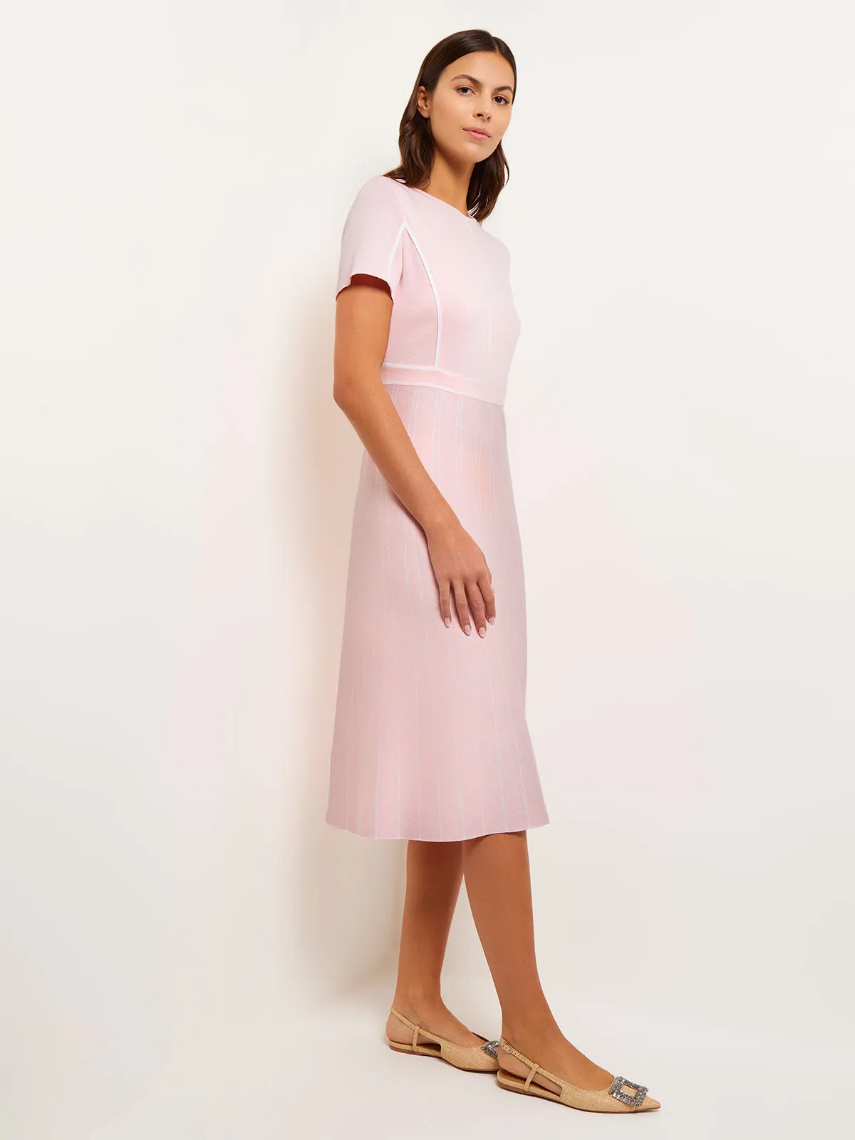 Contrast Stripe A-Line Soft Knit Dress, Rose Petal & White