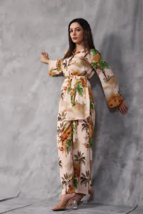 Cream Tropical Printed Moorish Crepe Co-ord Set