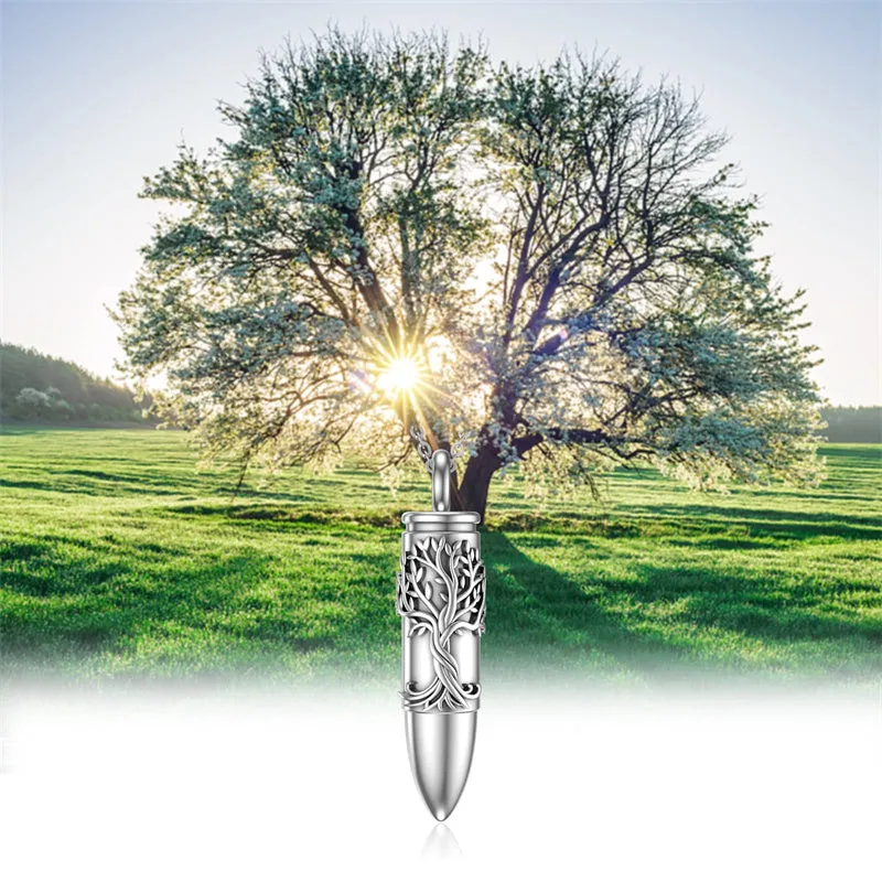 Cremation Jewelry Bullet Urn Necklace for Ashes 925 Sterling Silver Tree of Life Pendant Necklace Memorial Keepsake Pendant for Human Ashes