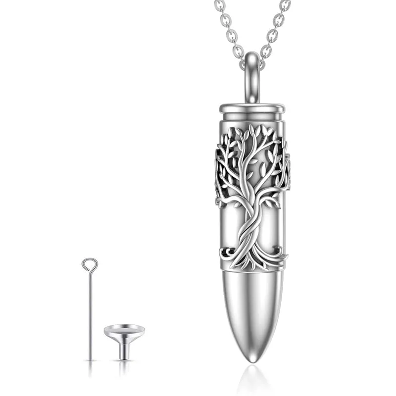 Cremation Jewelry Bullet Urn Necklace for Ashes 925 Sterling Silver Tree of Life Pendant Necklace Memorial Keepsake Pendant for Human Ashes