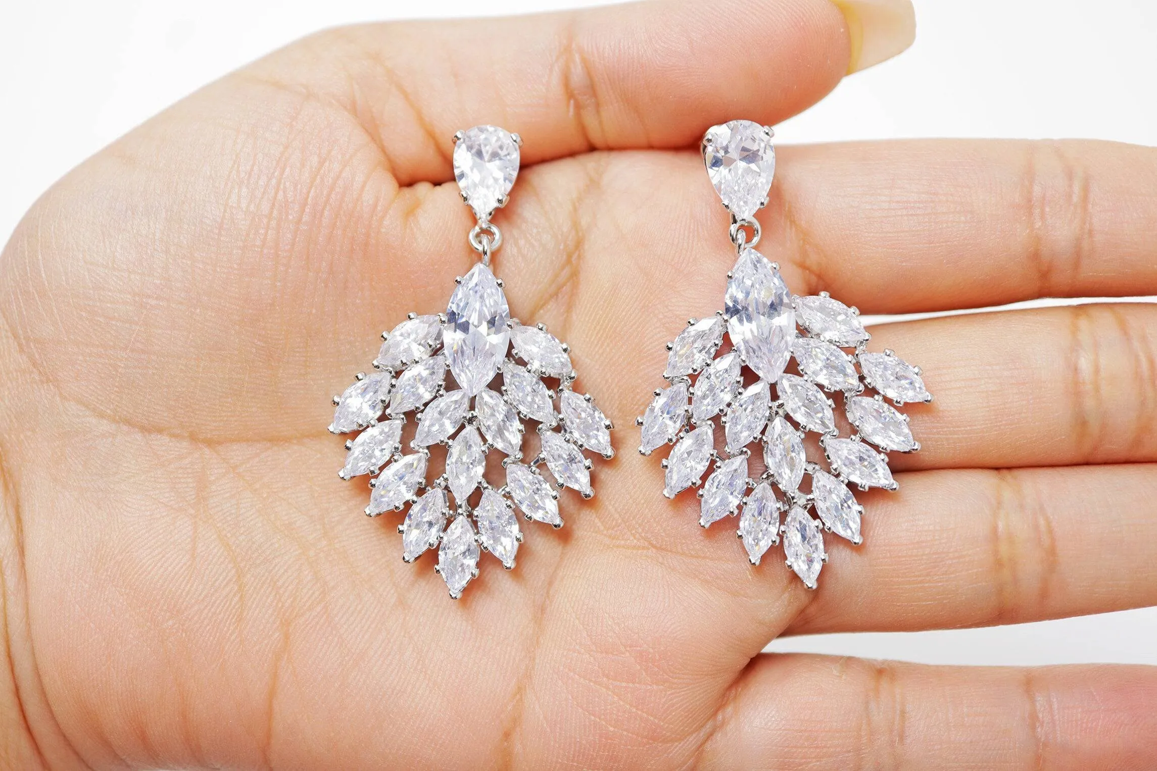 Cubic Zirconia, Floral Peacock long Dangle Crystal, Diamond Earrings, Bridal Jewelry, Bridal Earrings, Bridal Earrings, Statement Earrings