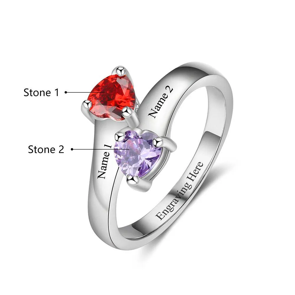 Custom 2 Birthstone Engraved Mothers Ring - 2 Engraved Names 2 Heart Stones