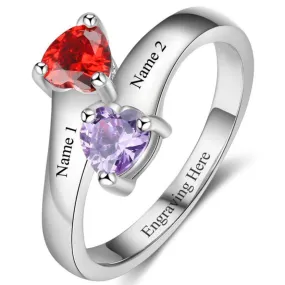 Custom 2 Birthstone Engraved Mothers Ring - 2 Engraved Names 2 Heart Stones