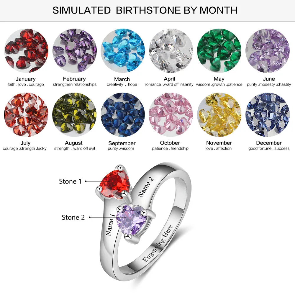 Custom 2 Birthstone Engraved Mothers Ring - 2 Engraved Names 2 Heart Stones