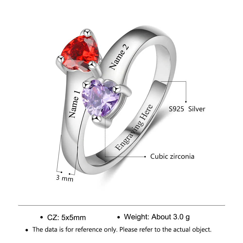 Custom 2 Birthstone Engraved Mothers Ring - 2 Engraved Names 2 Heart Stones