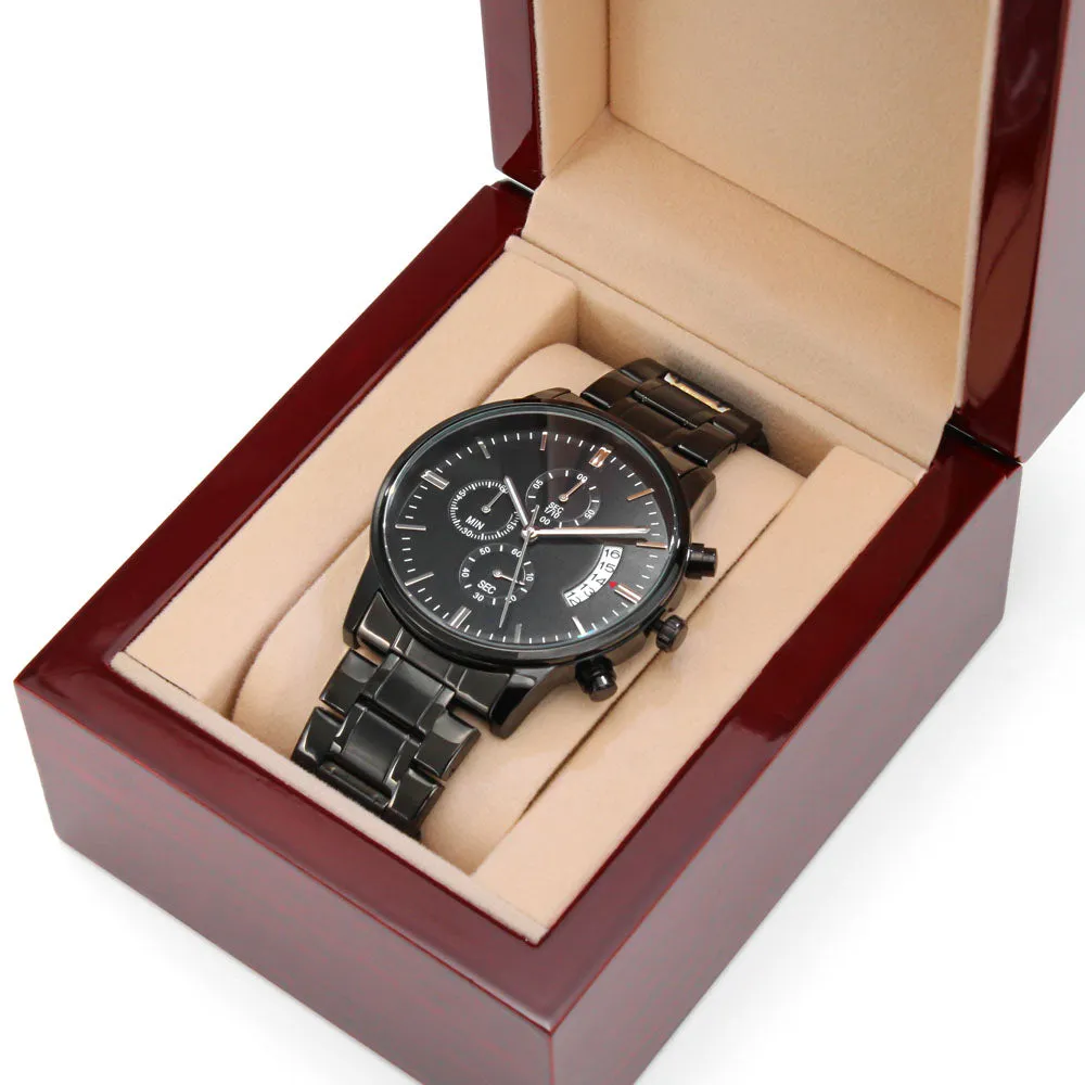 Custom Text Engraved Black Chronograph Watch For Men