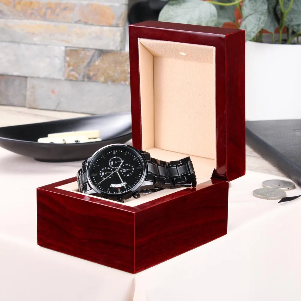 Custom Text Engraved Black Chronograph Watch For Men