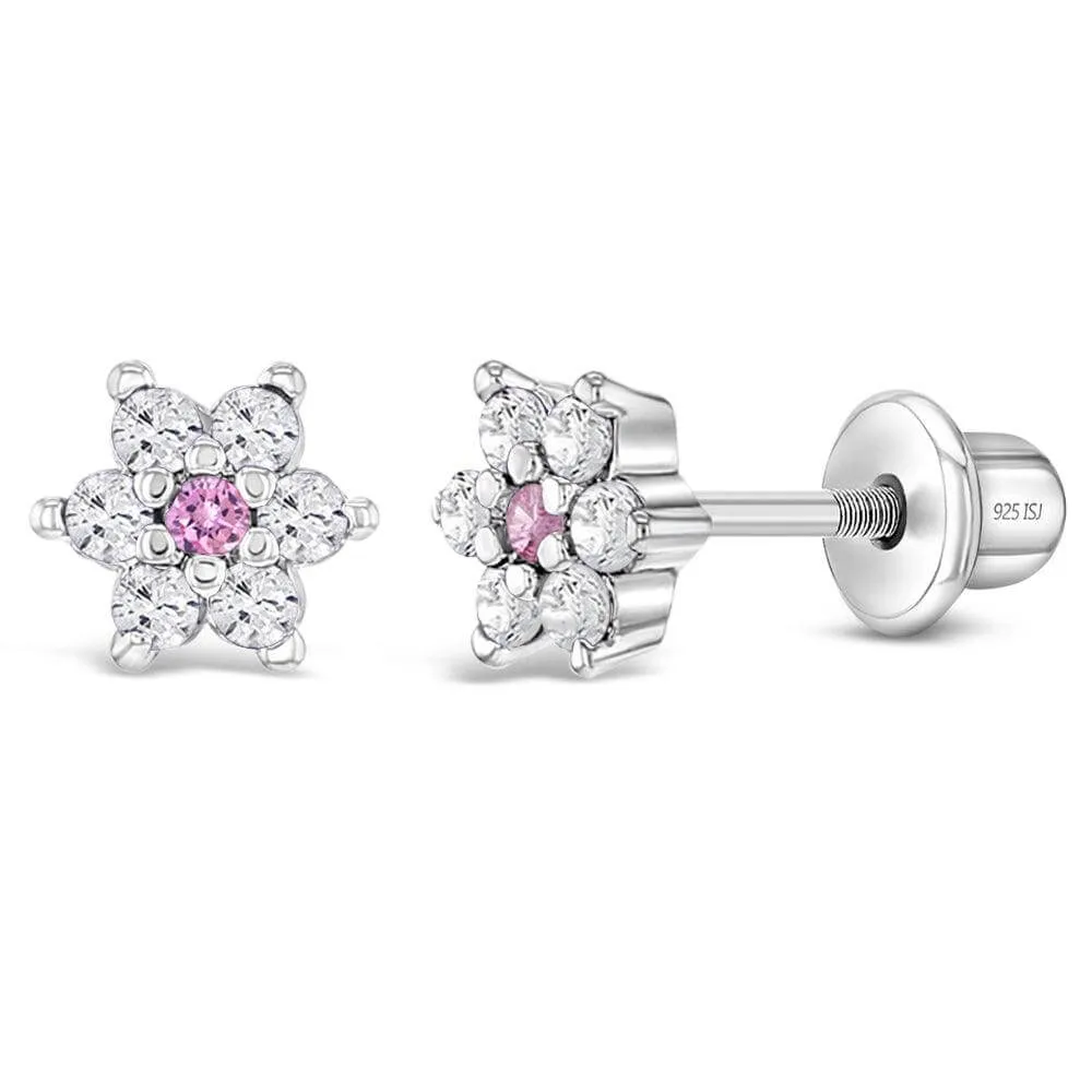 CZ Cluster Flower Sterling Silver Baby Children Screw Back Earrings