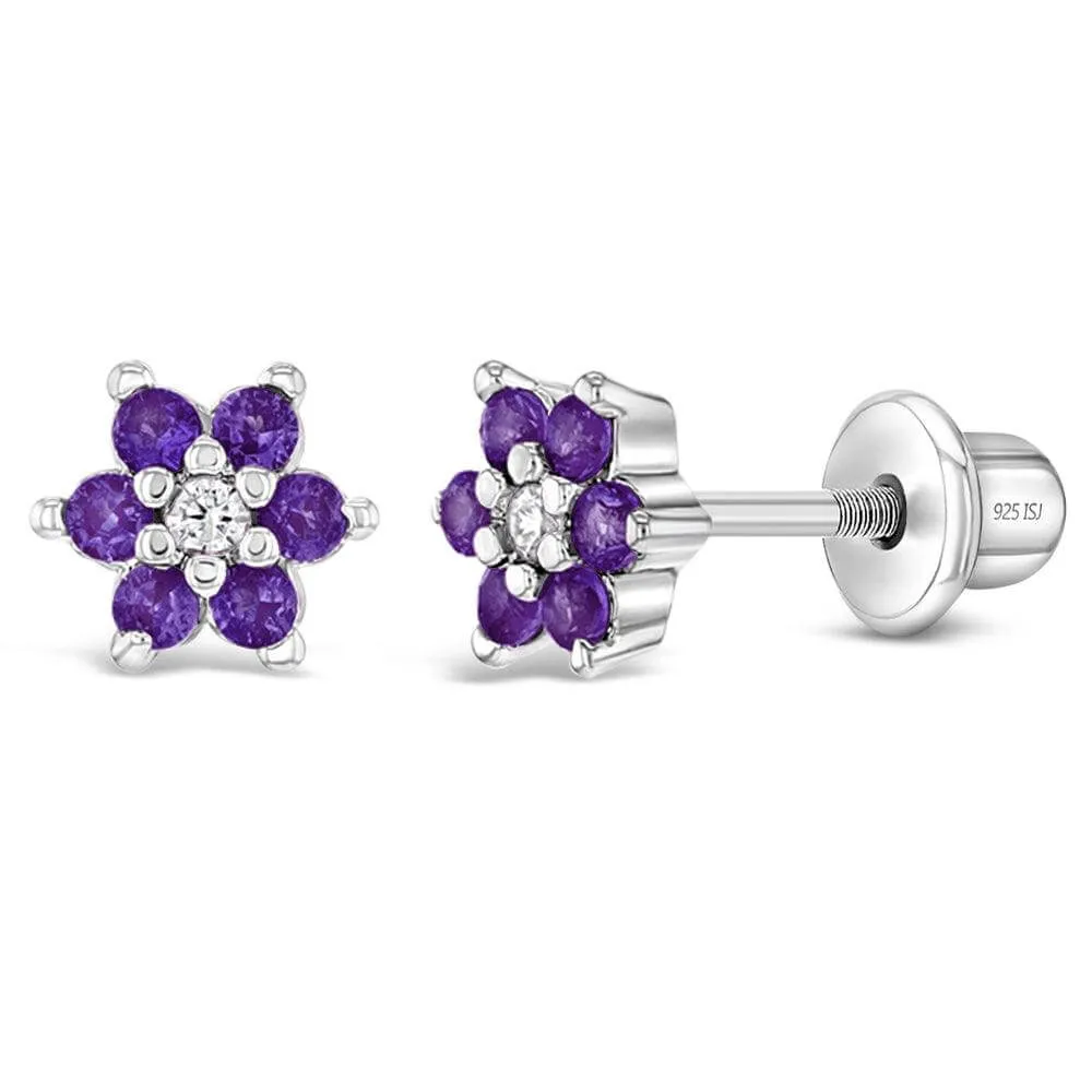 CZ Cluster Flower Sterling Silver Baby Children Screw Back Earrings