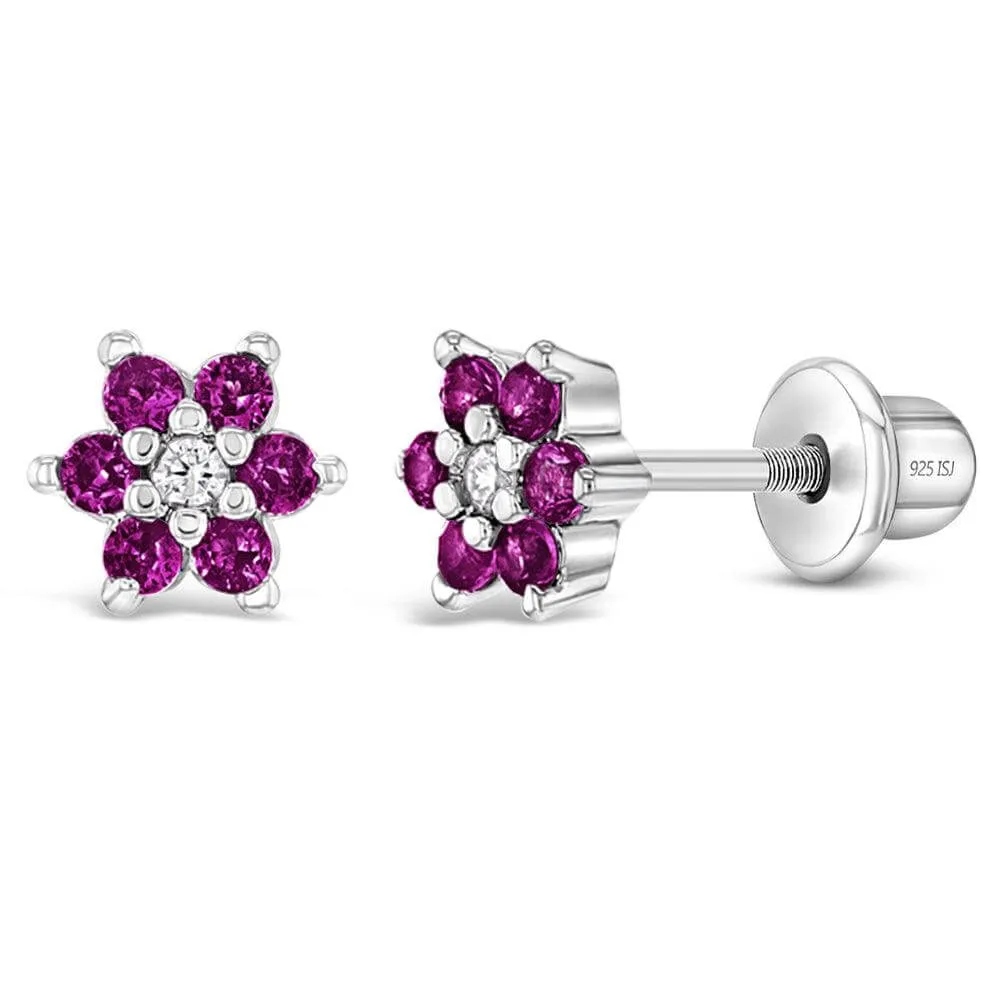 CZ Cluster Flower Sterling Silver Baby Children Screw Back Earrings