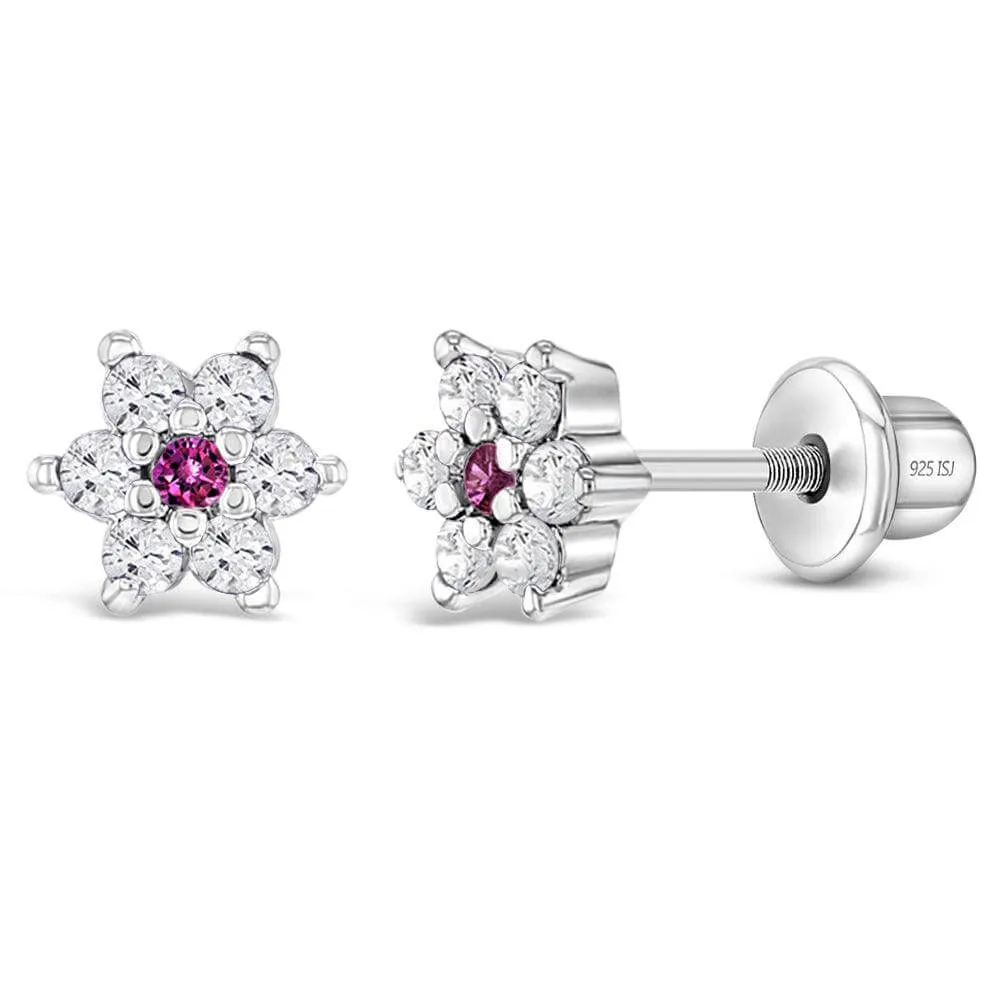 CZ Cluster Flower Sterling Silver Baby Children Screw Back Earrings