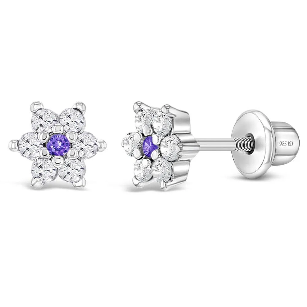 CZ Cluster Flower Sterling Silver Baby Children Screw Back Earrings