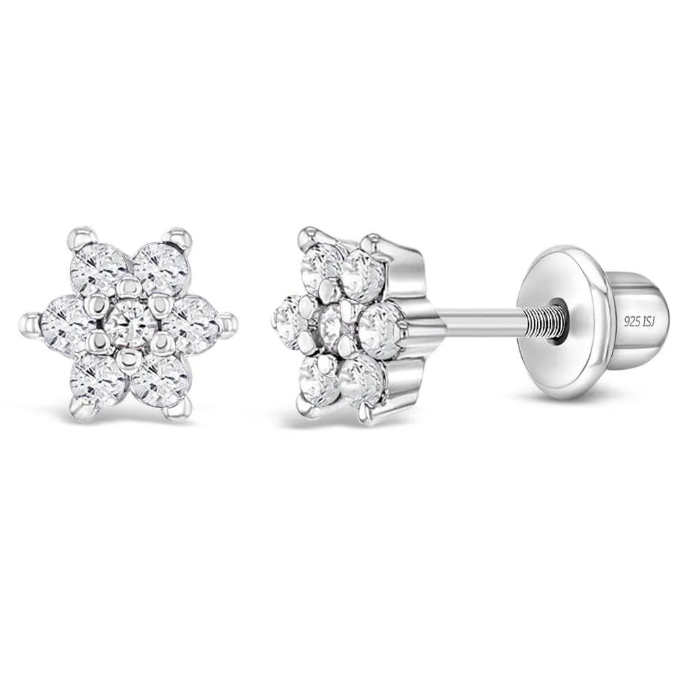 CZ Cluster Flower Sterling Silver Baby Children Screw Back Earrings