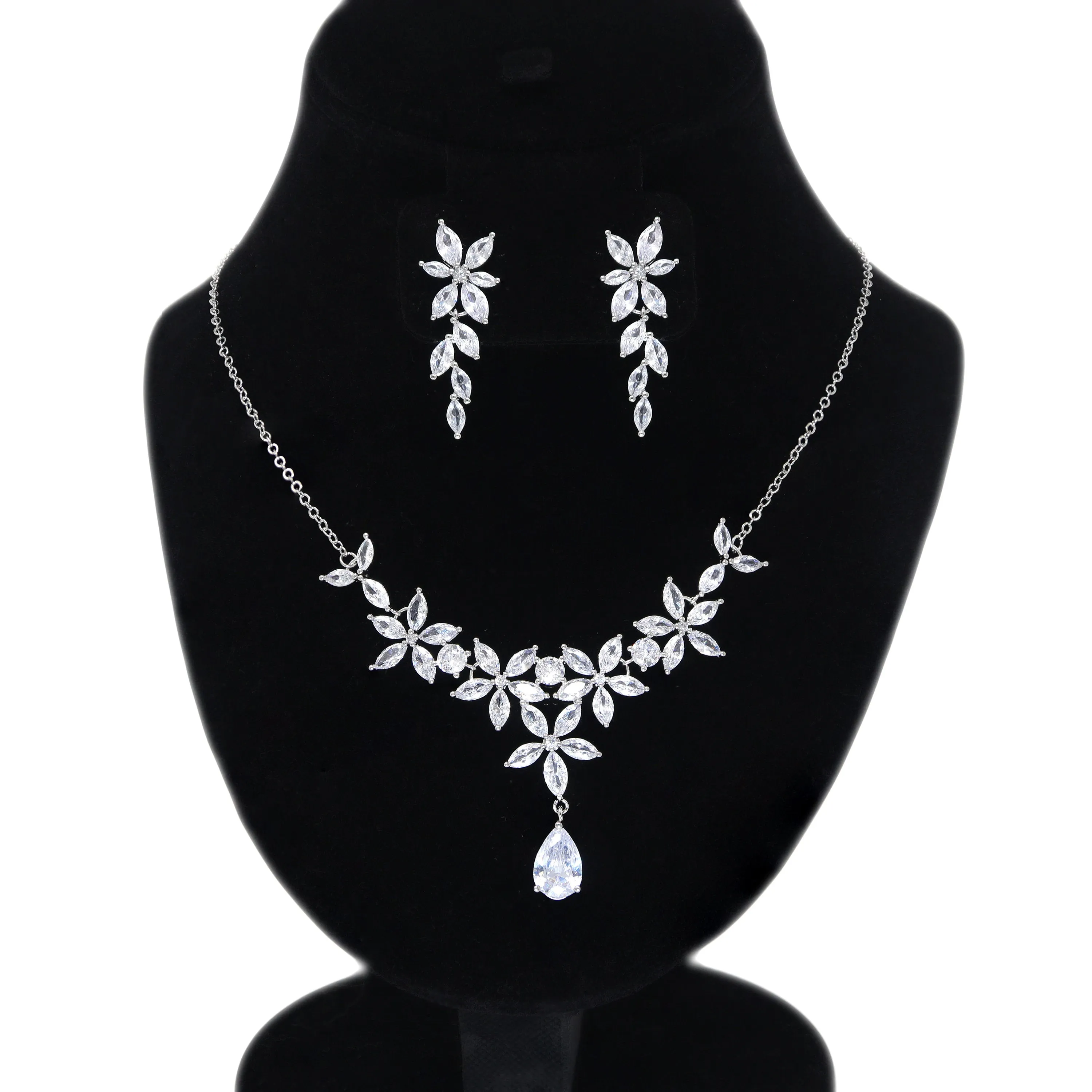 CZ Dainty Timeless Treasures Vine Leaves Drop Necklace Set, Statement Earring And Necklace Set, CZ Necklace set