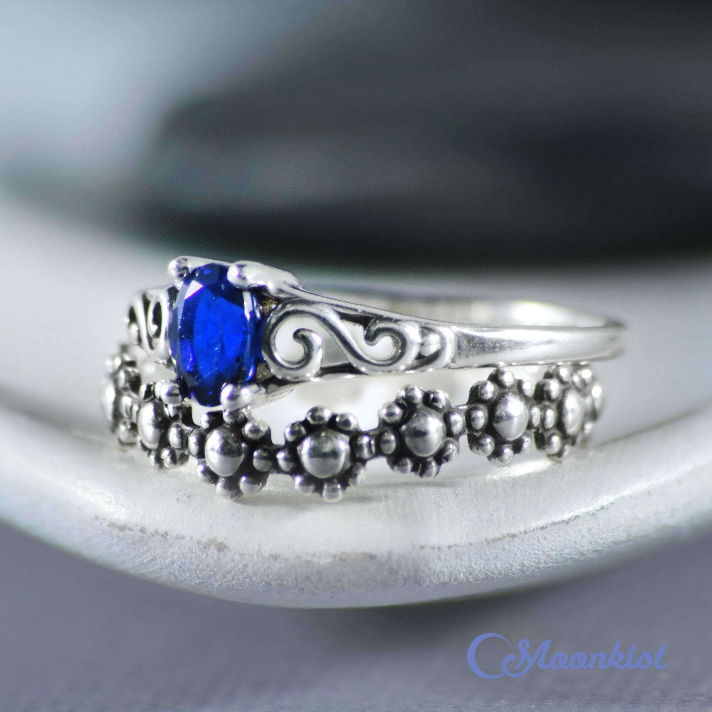 Dainty Scroll Filigree Engagement Ring Set with Floral Band | Moonkist Designs