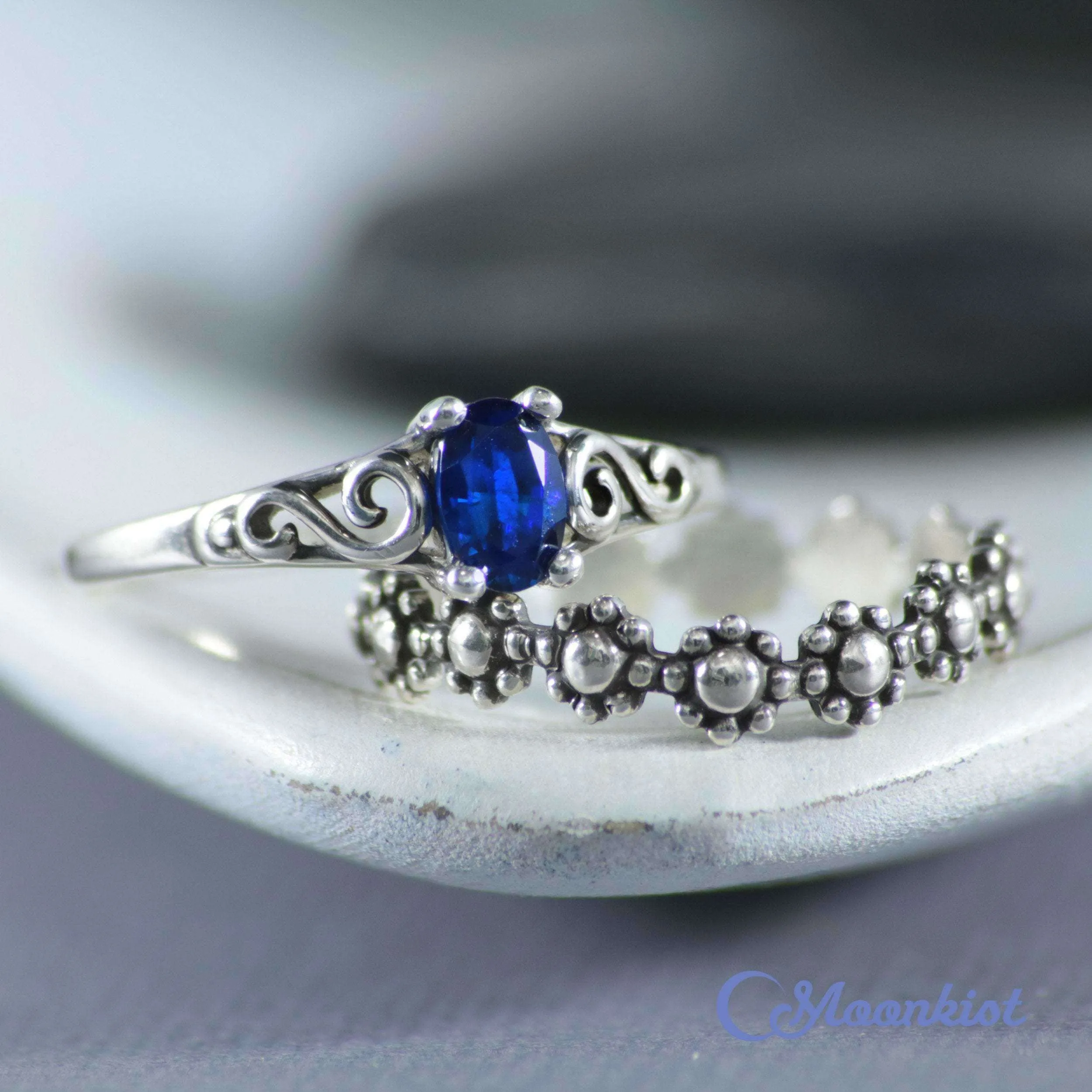 Dainty Scroll Filigree Engagement Ring Set with Floral Band | Moonkist Designs