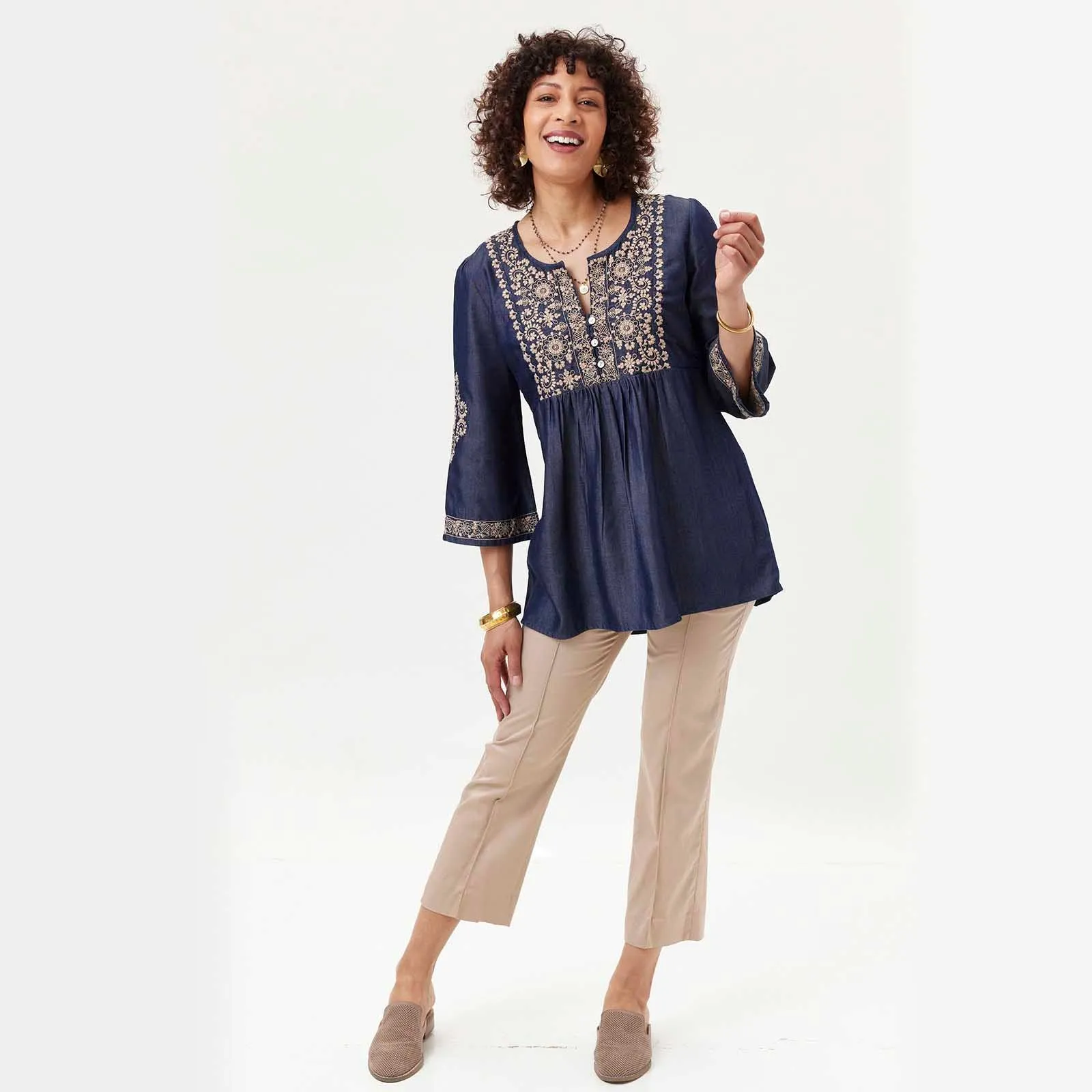 Denim Tencel Tunic with Tan Embroidery