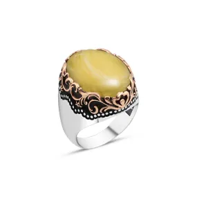 Domic Yellow Synthetic Amber Stone Silver Men's Ring with Wavy Top Pattern Around