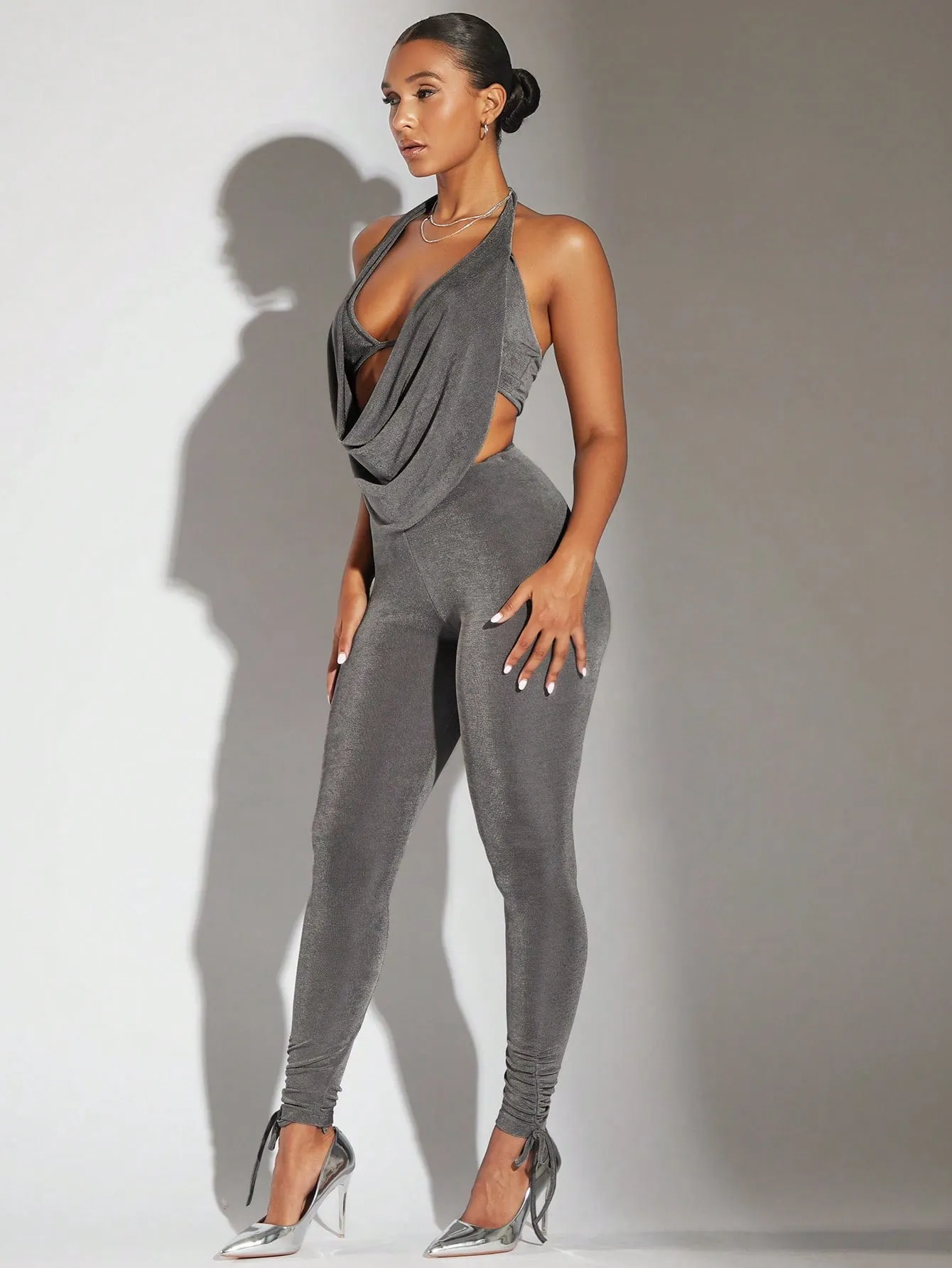 Draped Backless Halter Top  Leggings Set