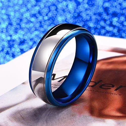 DUO 8mm Tungsten Carbide Ring Blue Silver Wedding Band Domed Highly Polished