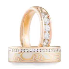 Elegant Diamond Wedding or Anniversary Ring Set in Woodgrain Pattern and Fire Palette