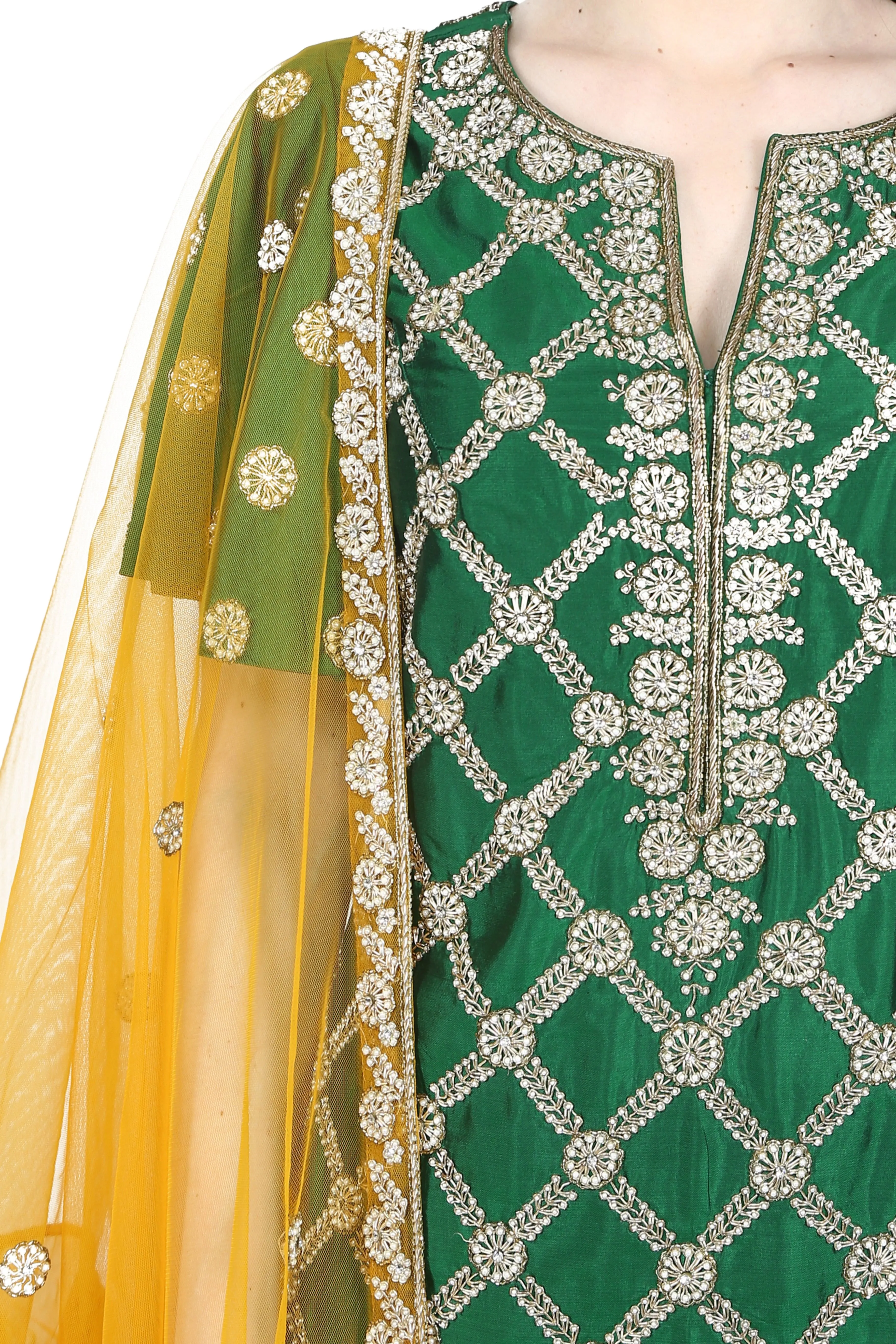 Emerald green tunic and mustard yellow flare sharara.