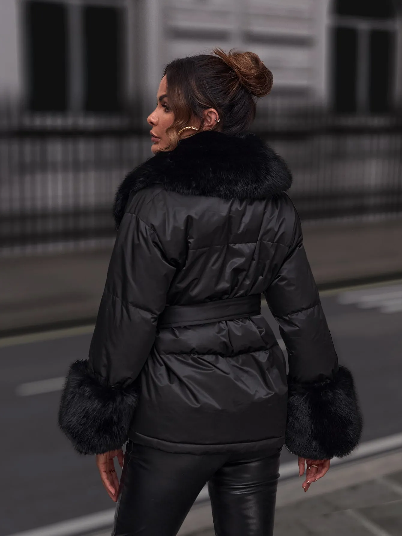 Faux Fur Collar Belted Puffer Coat