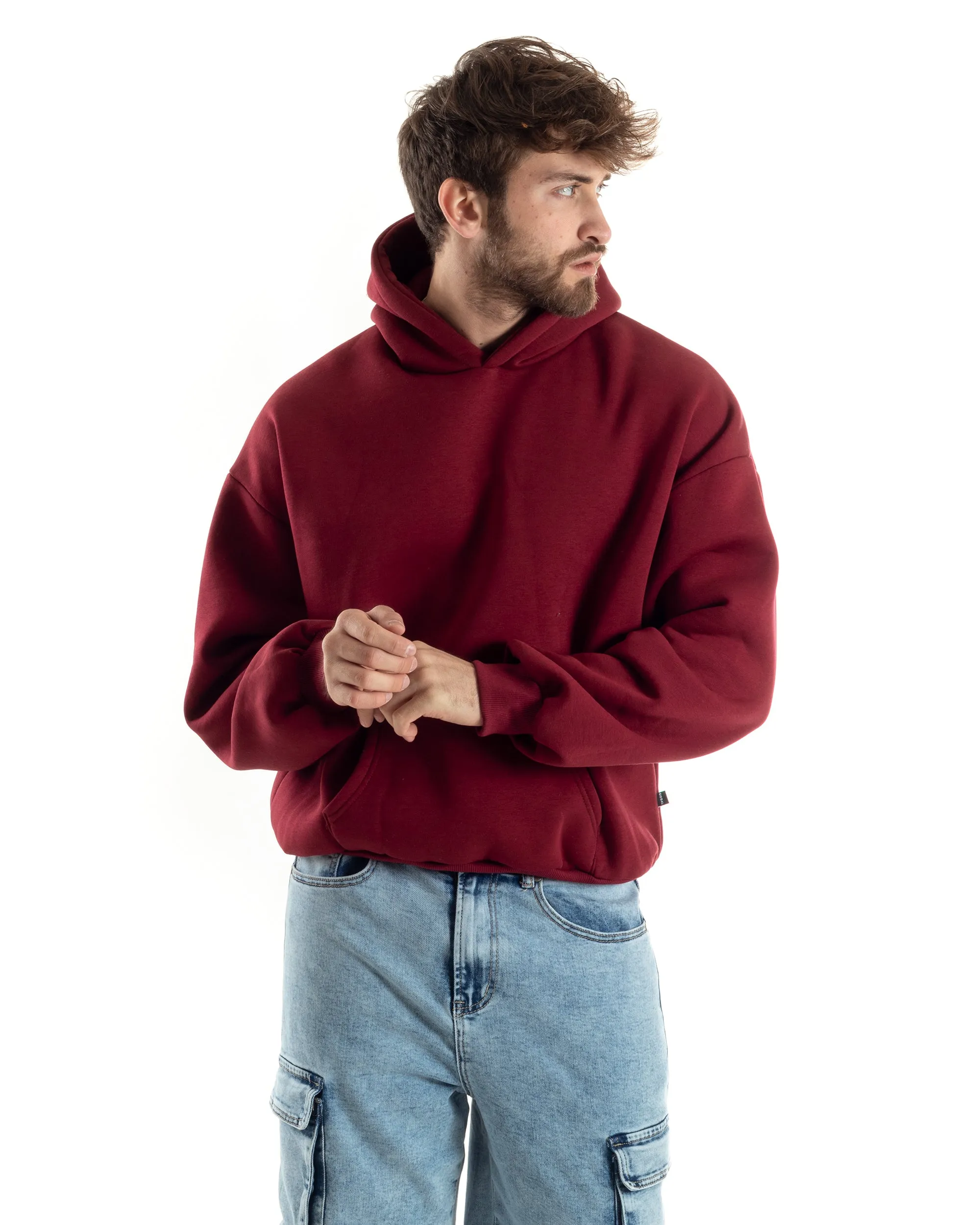 Felpa Con Cappuccio Uomo Boxy Fit Basic Felpata Comoda Tinta Unita Bordeaux GIOSAL-F3005A