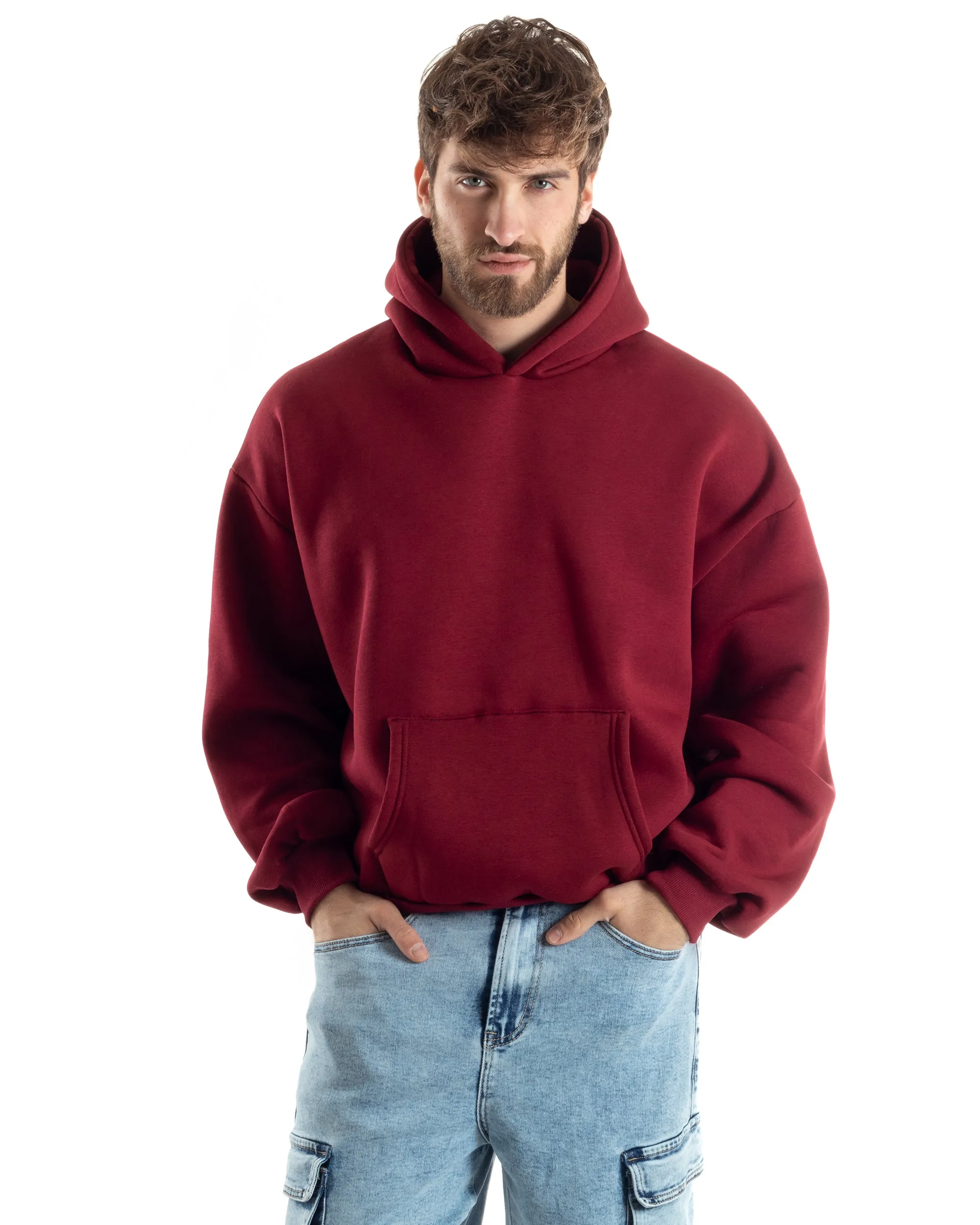 Felpa Con Cappuccio Uomo Boxy Fit Basic Felpata Comoda Tinta Unita Bordeaux GIOSAL-F3005A