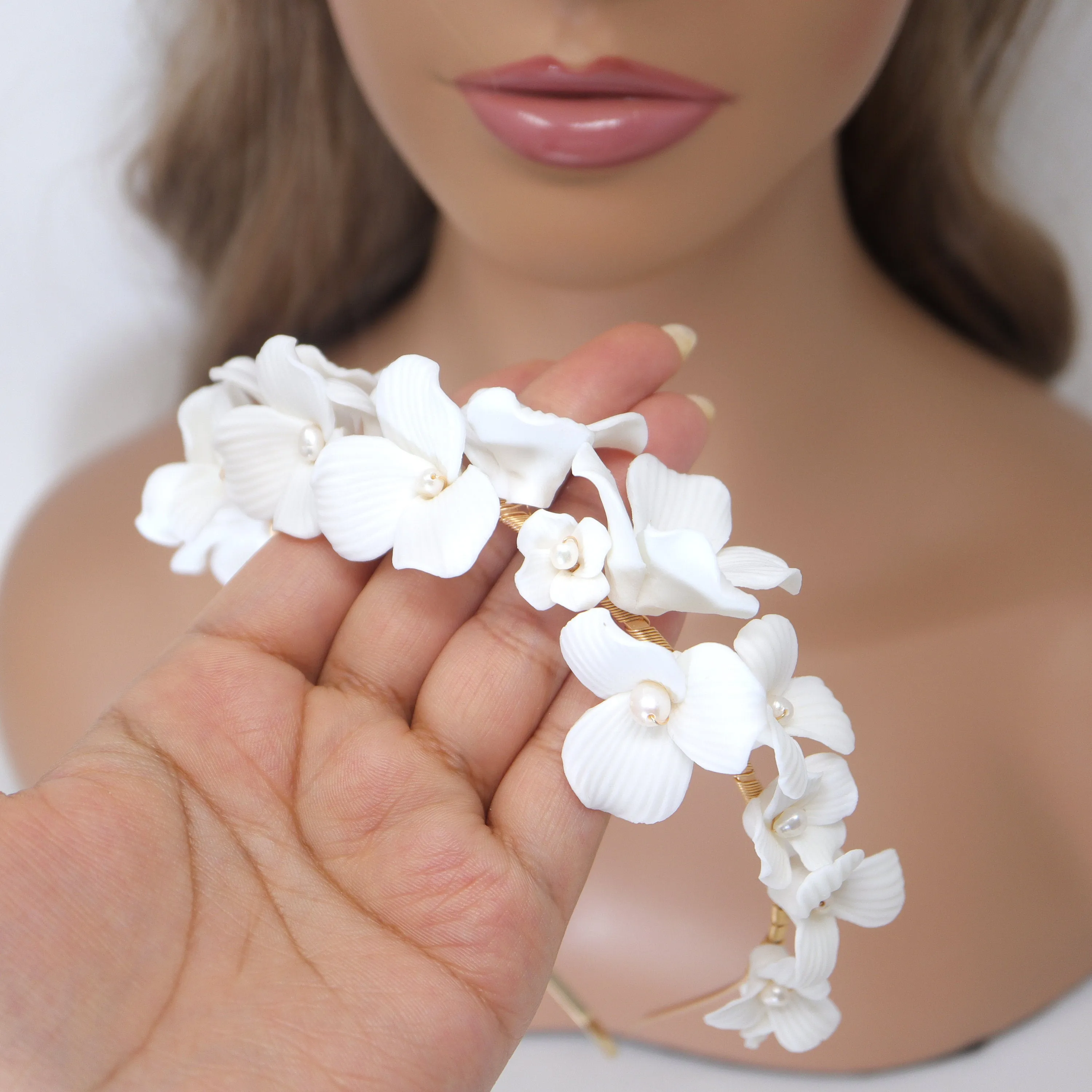 Freshwater Pearl Porcelain Ceramic White Flower Pearl Bridal Headband, Bridal Hair Vine, Delicate Headband, Hair accessories.