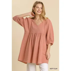 Gauze Slub V-neck Frayed Edge Detail Tunic Dress