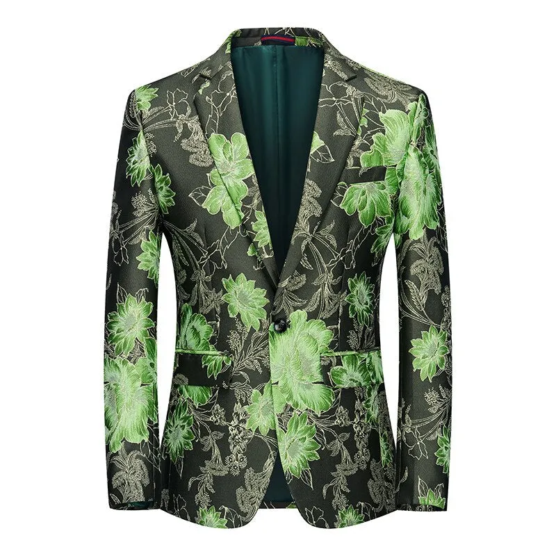 Green Suit Jacket Men's Designer Blazer Elegant Floral Embroidery Wedding Dress Stage Clothes Singers Party Homme