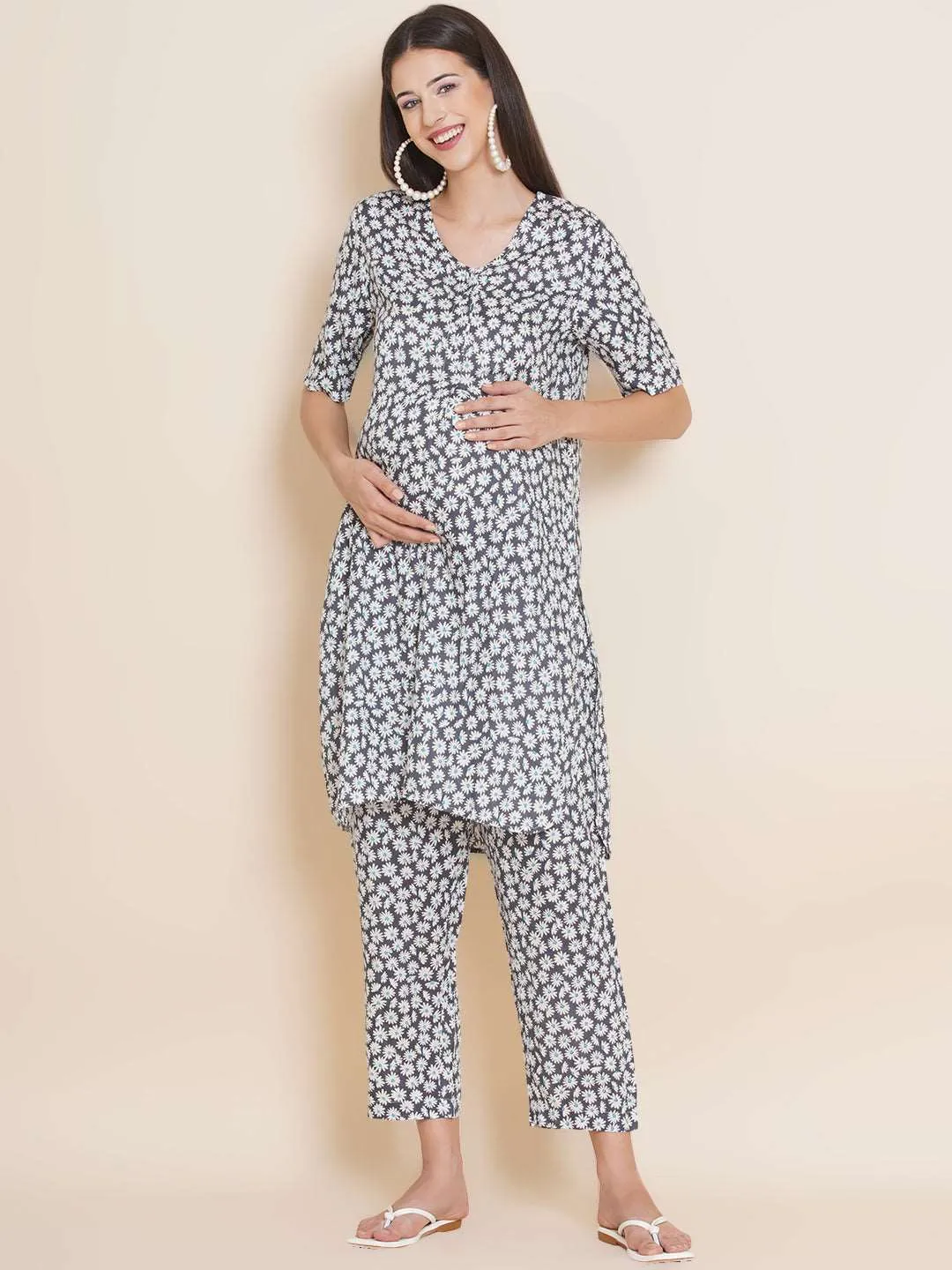 Grey Floral Straight Maternity and Nursing Kurta