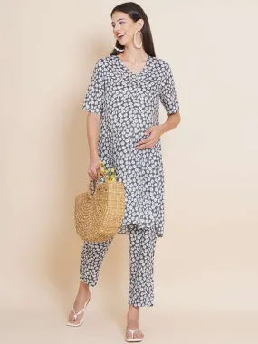 Grey Floral Straight Maternity and Nursing Kurta