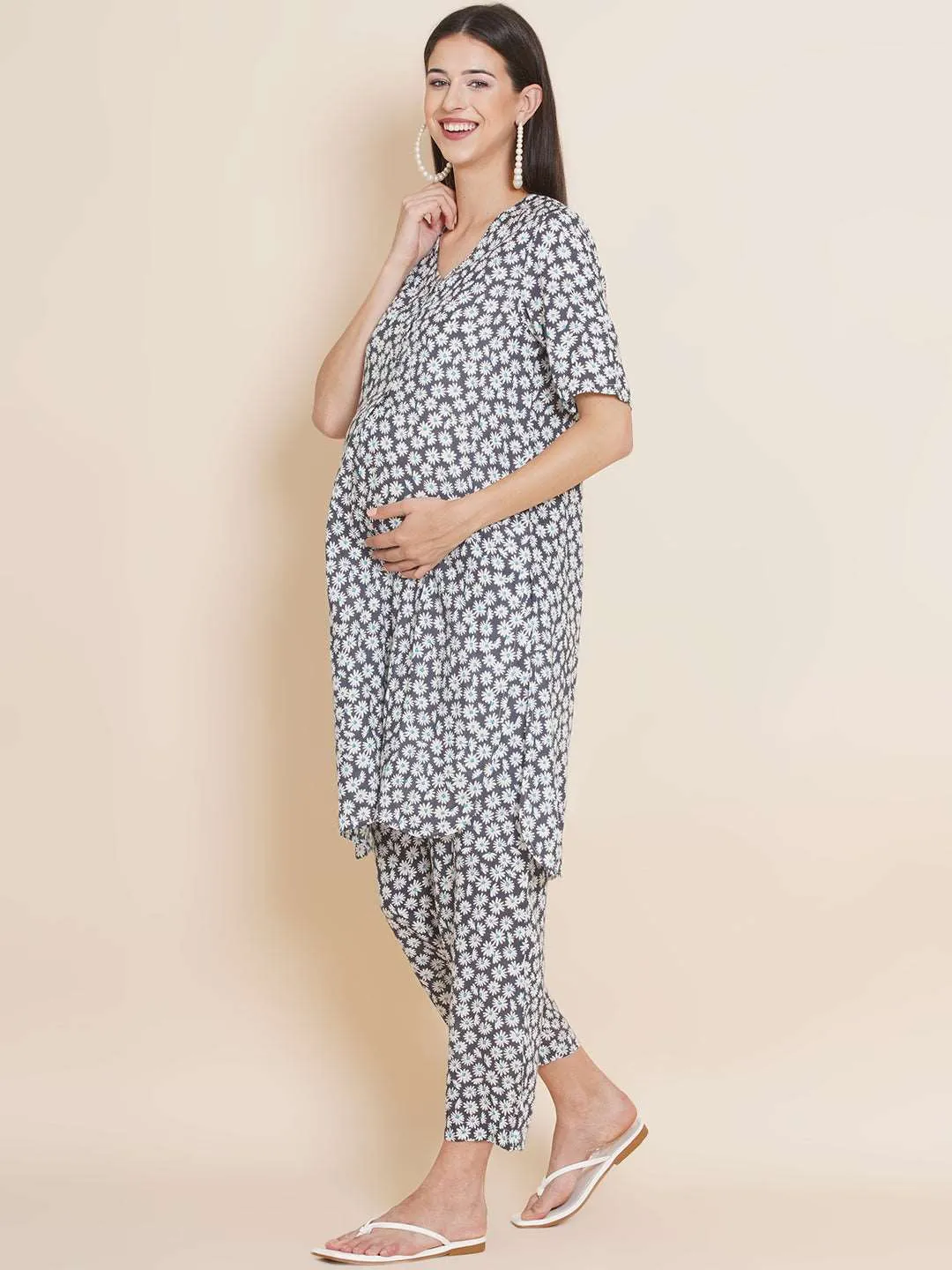 Grey Floral Straight Maternity and Nursing Kurta