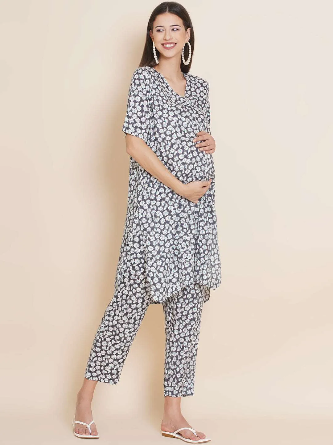 Grey Floral Straight Maternity and Nursing Kurta