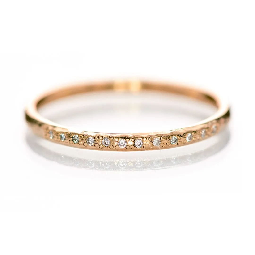 Hammered Texture Bead Set Diamond Thin Wedding Ring