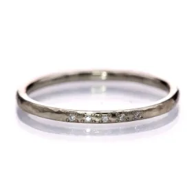 Hammered Texture Bead Set Diamond Thin Wedding Ring