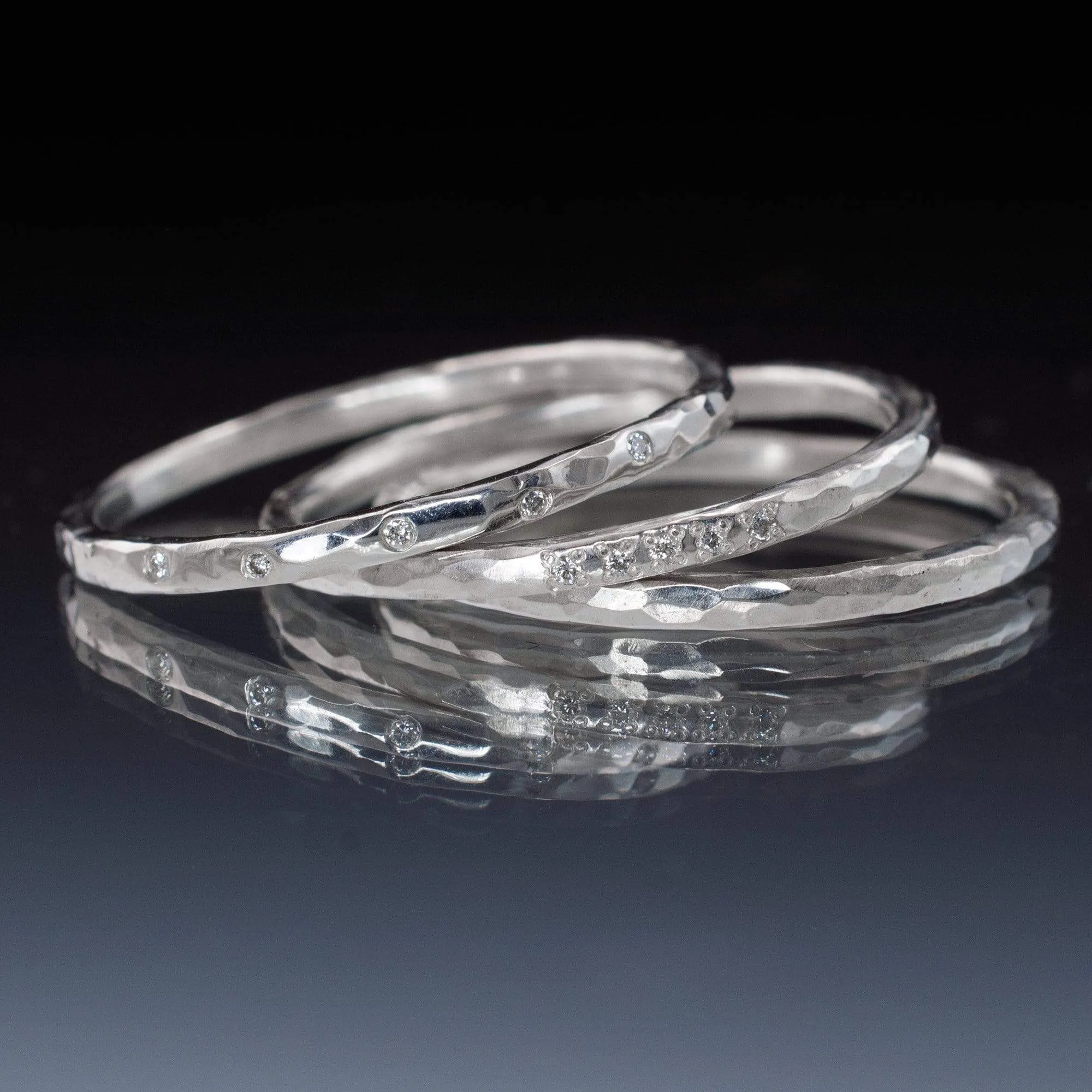 Hammered Texture Bead Set Diamond Thin Wedding Ring