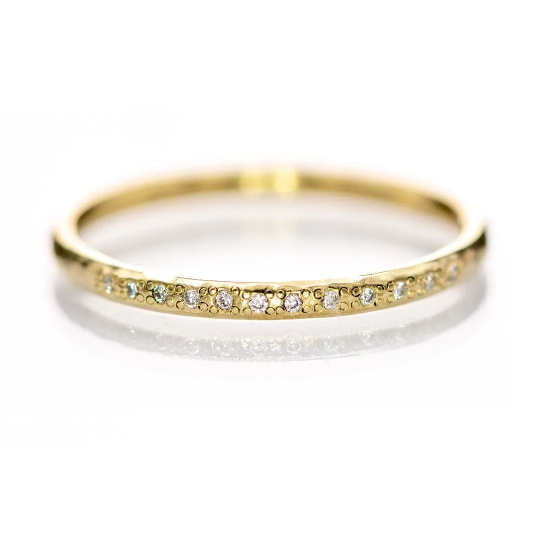 Hammered Texture Bead Set Diamond Thin Wedding Ring