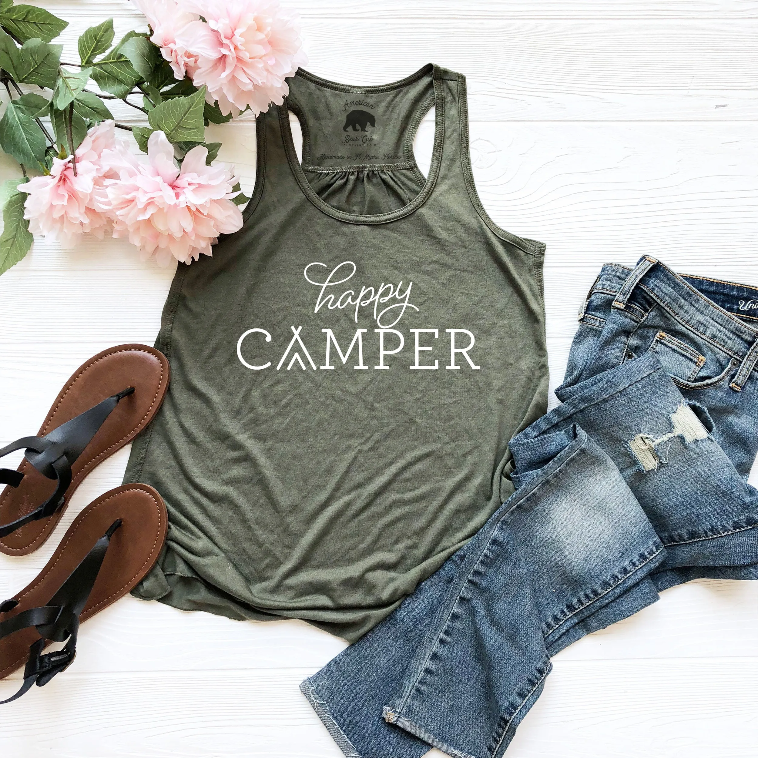 Happy Camper Script flowy racerback tank tops