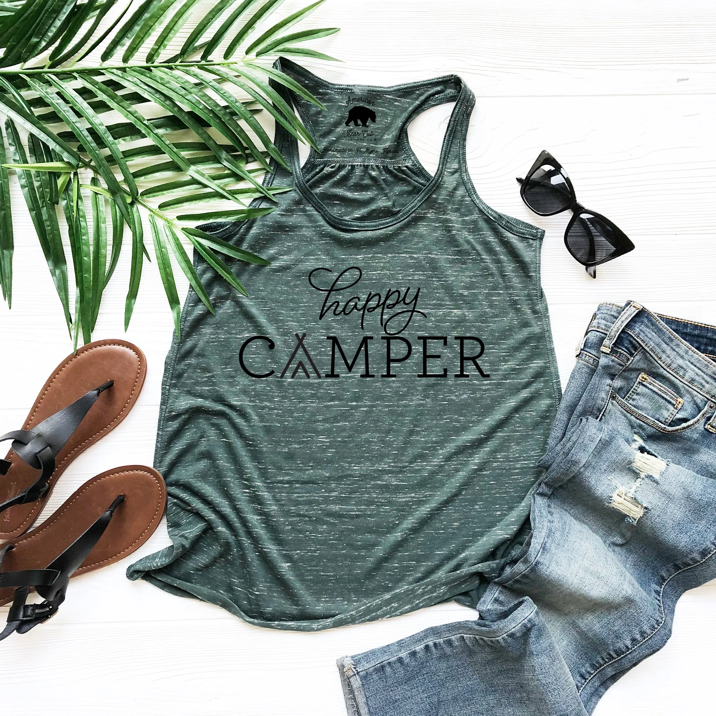 Happy Camper Script flowy racerback tank tops