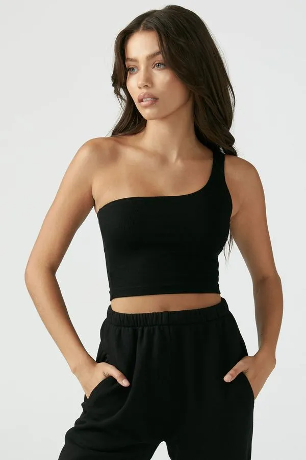 Joah Brown One Shoulder Crop Tank Black