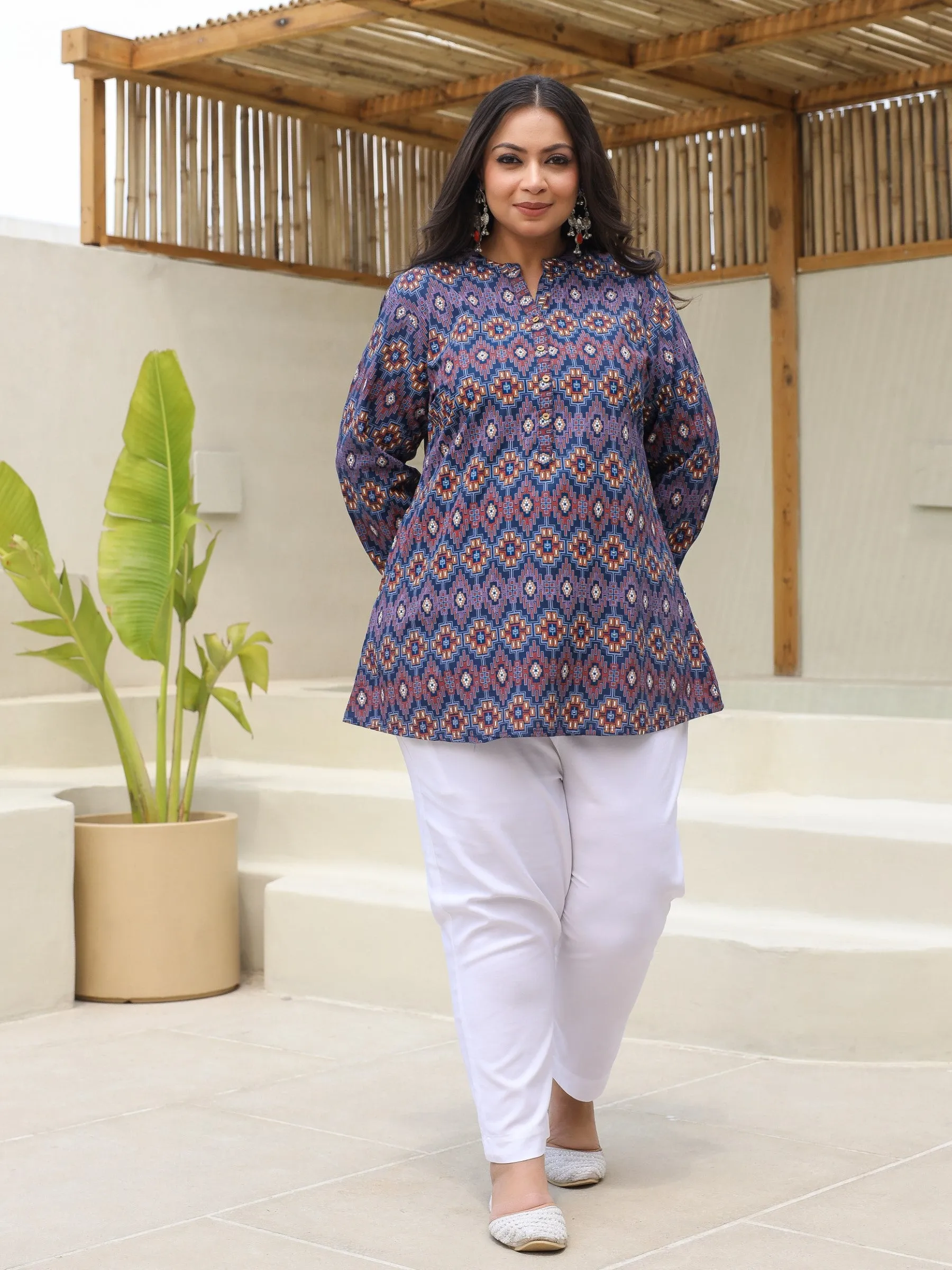 Juniper Blue Geometric Printed A-Line Rayon Plus Size Tunic