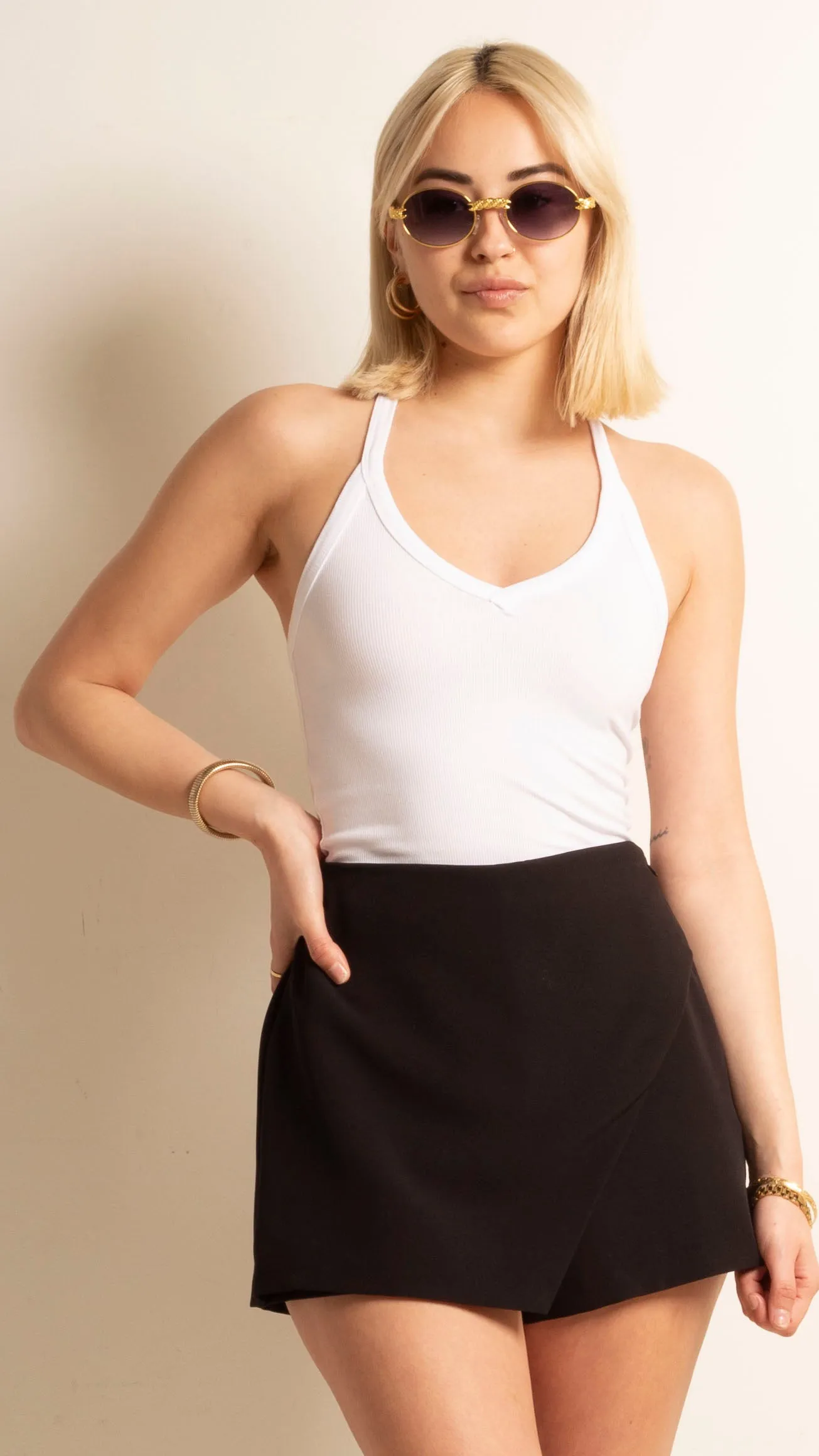 Low V Neck Ribbed Tank - White