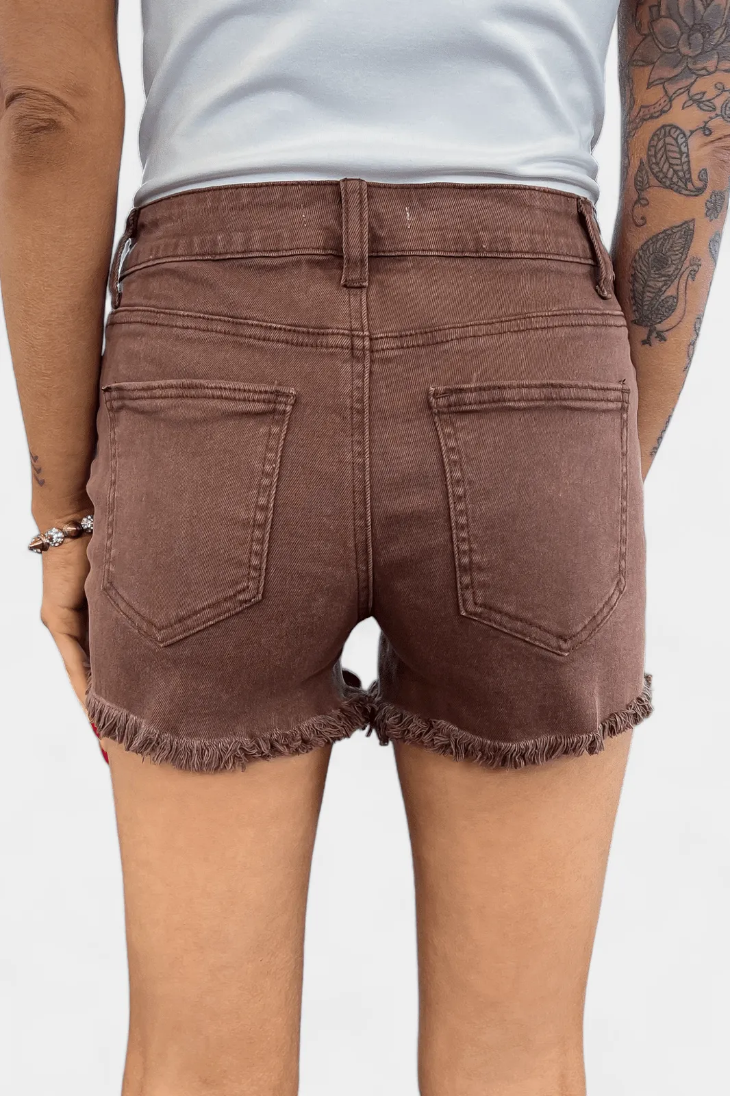 Mahogany Acid Wash Frayed Hem Shorts