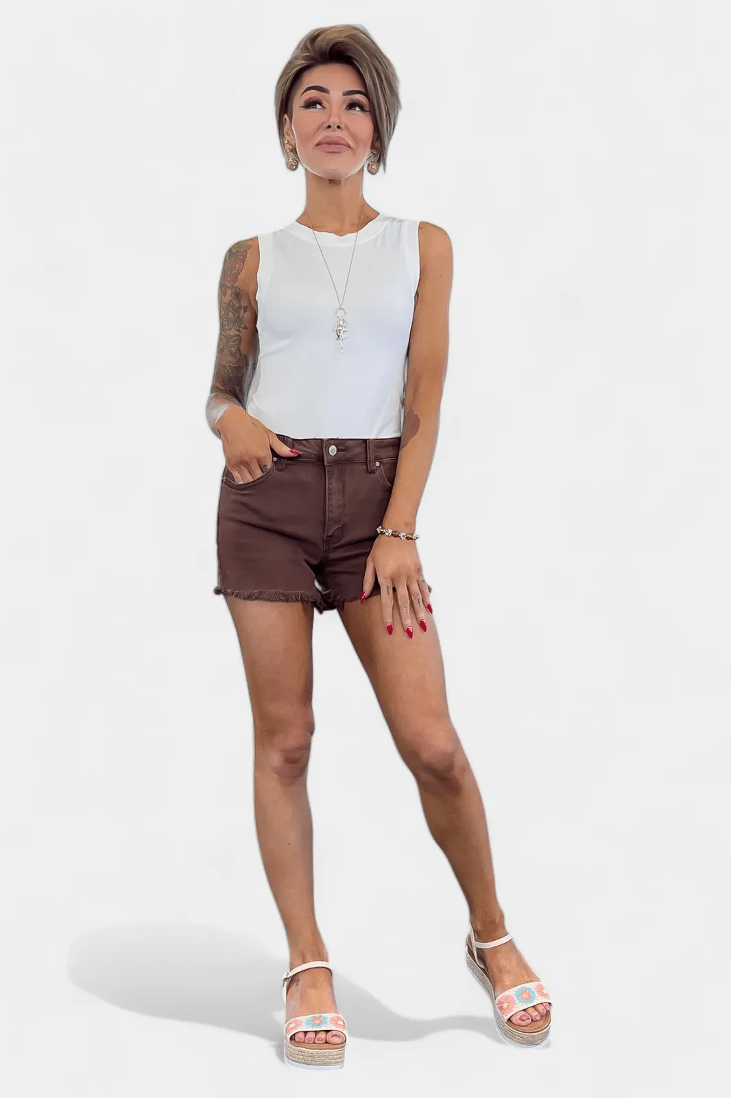 Mahogany Acid Wash Frayed Hem Shorts