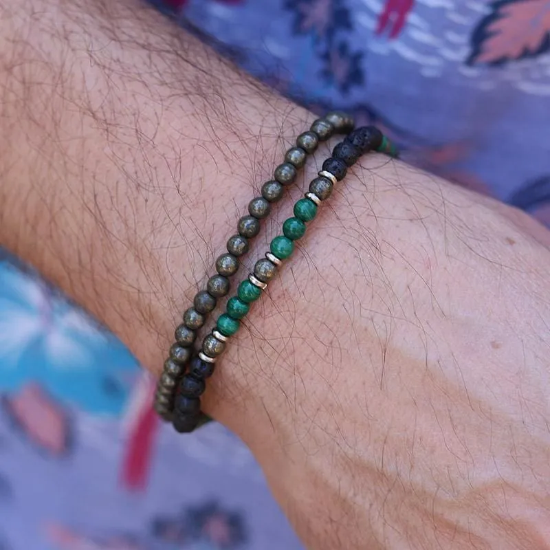 Malachite Lava and Pyrite Mens Bracelet Set