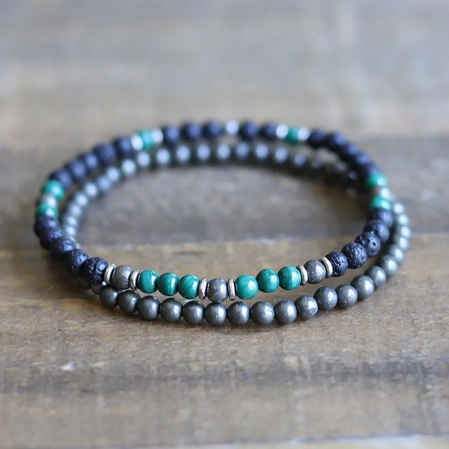 Malachite Lava and Pyrite Mens Bracelet Set