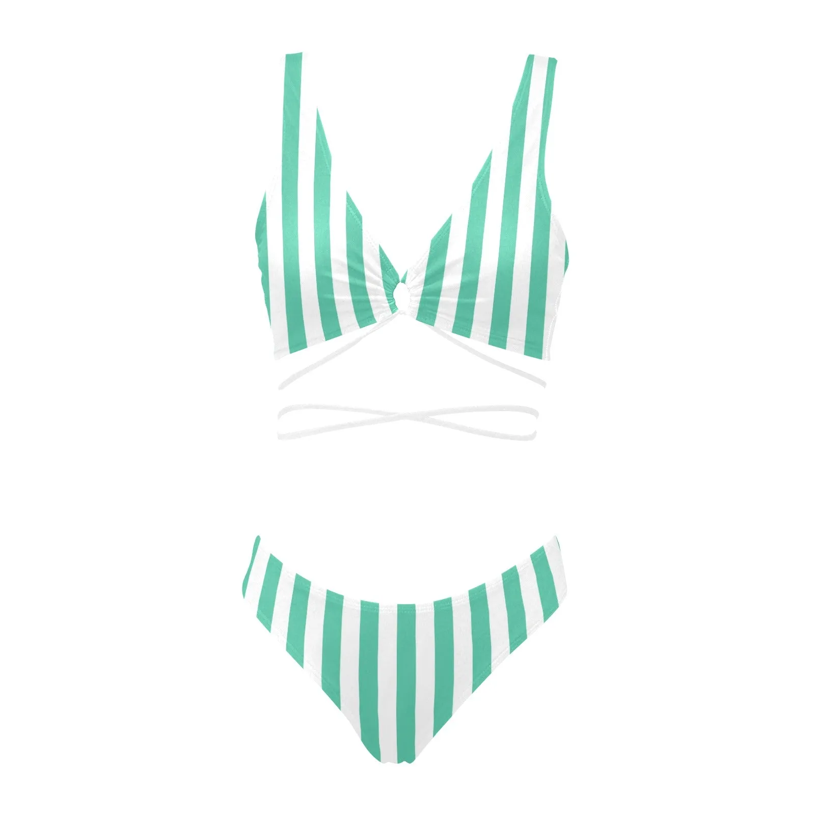 mint green striped print Cross String Bikini Set (Model S29)